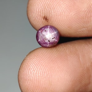 May include: A small, round, polished gemstone with a star effect. The gem is a deep purple color with a six-pointed star pattern visible on its surface. The star appears white against the purple background. The gem is held between two fingers.