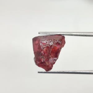 May include: A raw, unpolished red garnet gemstone with a translucent, irregular shape and a textured surface. The stone displays deep crimson hues and natural facets, held securely by a pair of metal tweezers against a plain white background.