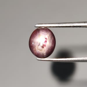 Puede incluir: Primer plano de una gema ovalada de color rojo púrpura sujeta con pinzas. La gema tiene un efecto de estrella y una superficie pulida. El fondo es gris neutro.