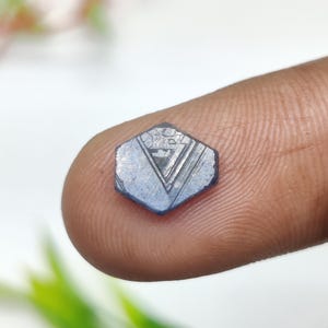 May include: A small, hexagonal, blue-grey gemstone with a geometric pattern. The stone is held between two fingers, showcasing its intricate design and color variations. The gemstone appears to be a raw, uncut crystal.