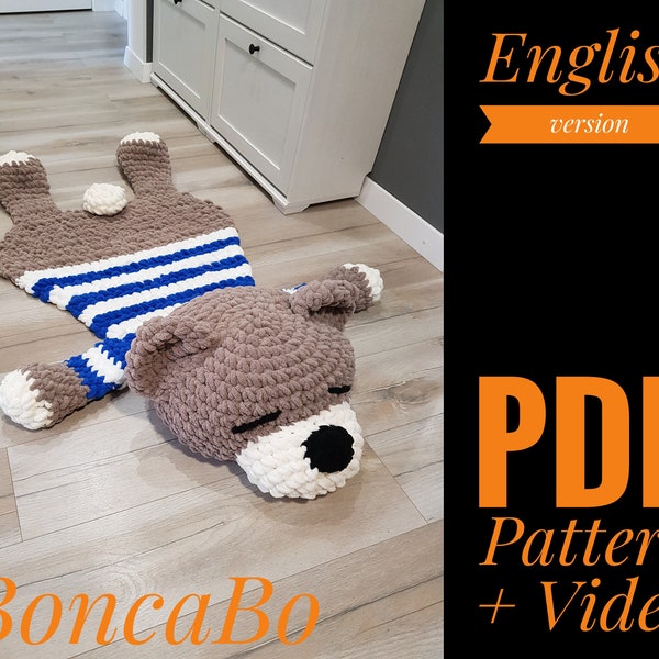 In English PDF Pattern and Tutorial crochet plush teddy bear soft rug. Knitt beige ivory white blue toy mat. Carpet pillow in the nursery.