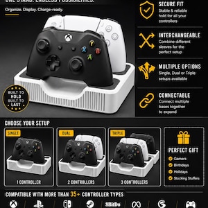 May include: A white multi-controller stand designed to hold one to three gaming controllers. The stand features a modular, connectable base system, a secure fit for various controller types, and is compatible with over 35 different controller models.