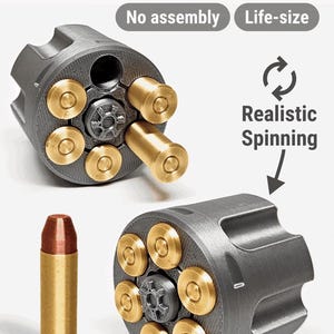 May include: A grey revolver fidget toy with gold-coloured bullet casings. The image includes text reading Revolver Fidget, No assembly, Life-size, and Realistic Spinning. One bullet is shown separately next to the cylinder, which features a central gear.