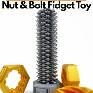 May include: A silver-colored bolt with a textured, spiked surface and a hexagonal base, accompanied by three gold-colored hexagonal nuts. The text "Dual Threaded Nut & Bolt Fidget Toy" is displayed at the top of the image in bold lettering.