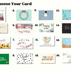 May include: A selection of 16 greeting cards with various designs and messages. The cards are arranged in a grid of four rows and four columns. The cards feature a variety of themes, including holidays, congratulations, thank you, and get well soon. The cards are all printed on white cardstock and have a glossy finish.