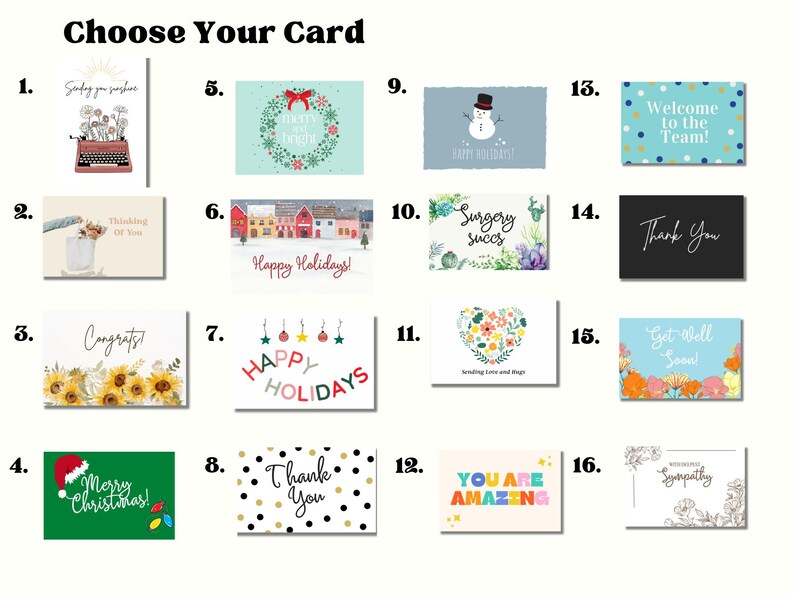 May include: A selection of 16 greeting cards with various designs and messages. The cards are arranged in a grid of four rows and four columns. The cards feature a variety of themes, including holidays, congratulations, thank you, and get well soon. The cards are all printed on white cardstock and have a glossy finish.
