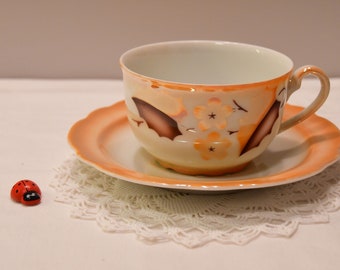 Kolekcjonerska nakładka na filiżankę/filiżanka do kawy 2-częściowa/Art Deco/dekor w sprayu/porcelana/lata 30. XX wieku/efekt masy perłowej/vintage/retro