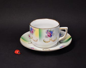 5x 2-częściowy serwis do kawy wykonany z porcelany z kolorową dekoracją kwiatową i sprayem / Art Deco / lata 40. 50. / vintage / zastawa stołowa / przyjęcie kawowe