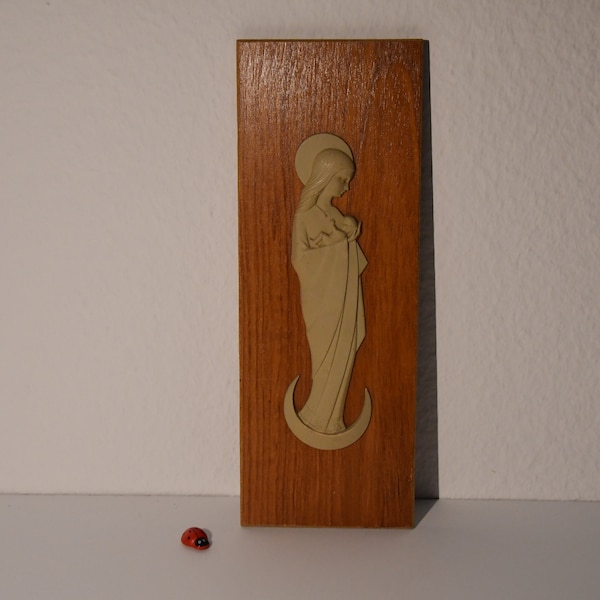 Wandbild aus Holz "Maria & Jesuskind auf Mondsichel" / 26,5x9,5cm / Vintage / Retro / 60er / Mid Century / Wohndeko / religiöse Kunst