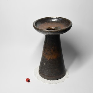 May include: A dark brown ceramic vase with a wide, flared opening and a narrow base. The vase has a speckled glaze and a rustic appearance.