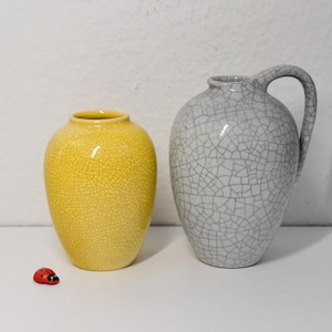 Può includere: Due vasi in ceramica con finitura craquelé. Uno è giallo, l'altro grigio con manico. Una piccola statuina di coccinella rossa è davanti ai vasi. I vasi sono decorativi e adatti all'arredamento della casa.