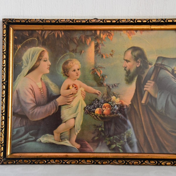 altes Wandbild im Holzrahmen "Heilige Familie" / 26x20cm / religiöse Kunst / Vintage / Retro / Wanddeko / Mid Century / 50er Jahre