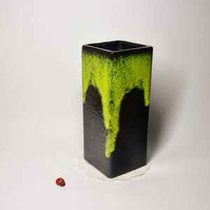 Peut inclure: Un vase noir carré avec une surface texturée. La moitié supérieure du vase est recouverte d'un glaçage vert citron vif et dégoulinant. Une petite figurine de coccinelle rouge est à proximité.