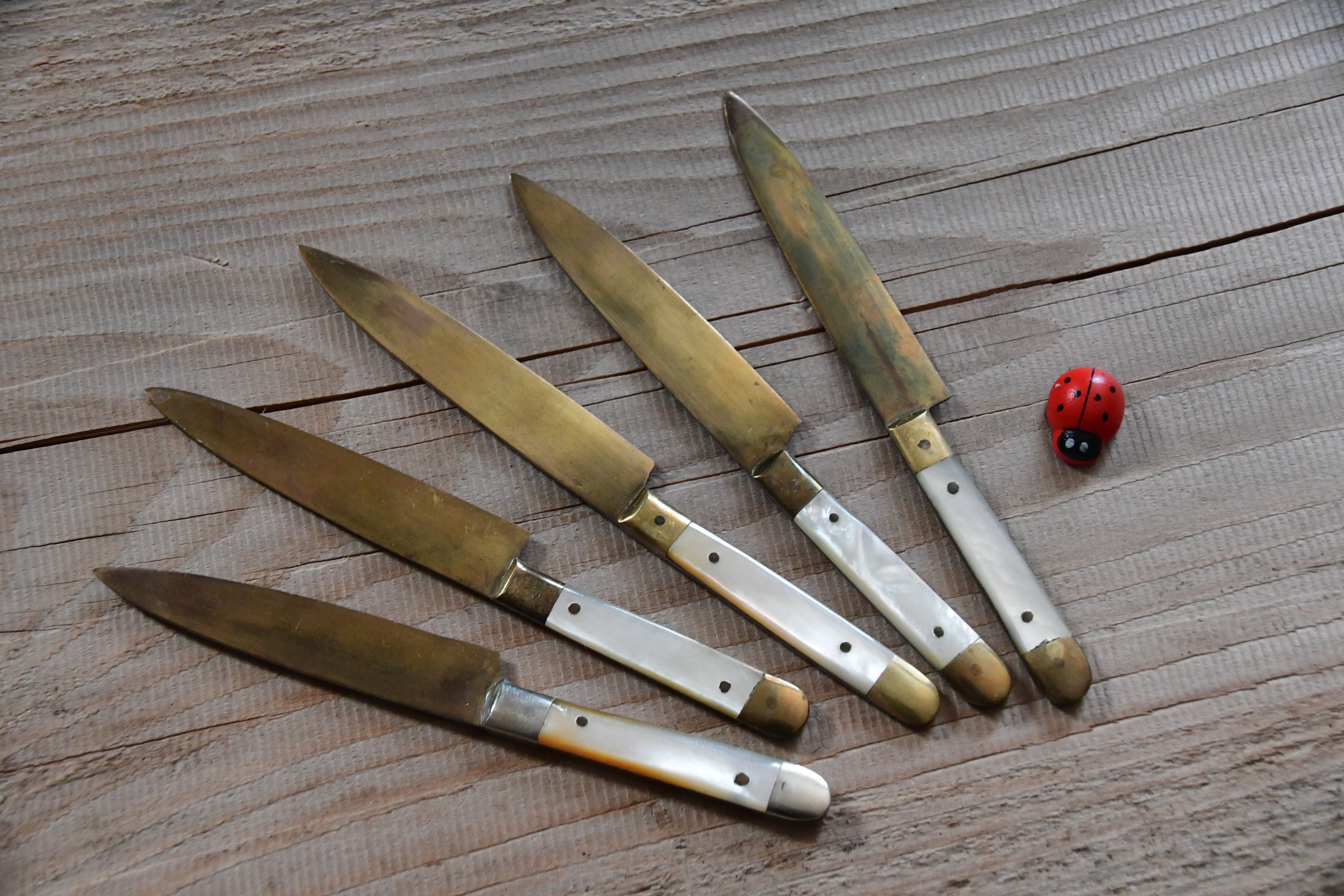 5 Antique Fruit Knives From Uchatius Bronze With Mother-of-pearl
