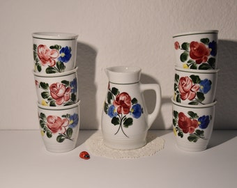 7tlg Set von Lilien Porzellan Austria / Kanne & Becher für Saft, Most o.ä. / Inglasur / Blumendekor / Vintage / Retro / Trinkgefäße