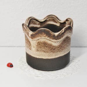 Könnte beinhalten: Ein Keramik-Pflanztopf mit gewelltem Rand, der ein zweifarbiges Design aufweist. Der obere Teil ist gesprenkelt braun und beige, während der Sockel einfarbig dunkelbraun ist. Eine kleine rote Marienkäfer-Figur befindet sich in der Nähe.