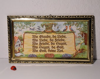 altes Wandbild im Metallrahmen mit Sinnspruch "Wo Glaube, da Liebe..." / 24x13,5cm / 60er / Mid Century / Vintage / Retro / Wohndeko