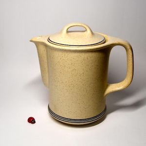 Könnte beinhalten: Eine gesprenkelte beige Keramik-Teekanne mit Deckel und Griff. Die Teekanne hat einen Ausguss und ist mit schwarzen Streifen am Boden verziert. Ein kleiner roter Marienkäfer befindet sich neben der Teekanne.