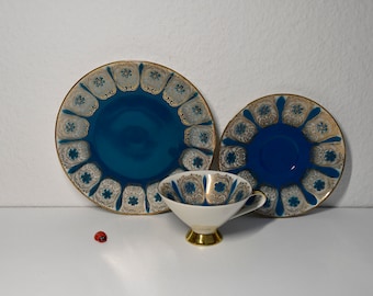Sammeltassengedeck 3tlg aus Porzellan / Bavaria / blau-gold / 60er / Mid Century / Vintage / Teegeschirr / Kaffeekränzchen / Shabby
