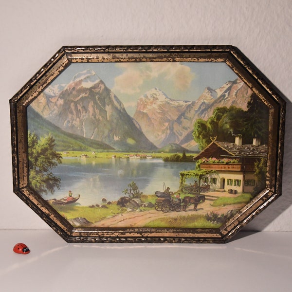 Vintage Wandbild im Metallrahmen "alpenländische Idylle am See" / hinter Glas / 28x20,5cm / Wohndeko / 60er / Mid Century / rustikal