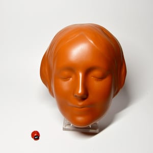 Op de afbeelding: Een terracotta-kleurige sculptuur van een sereen gezicht met gesloten ogen. De sculptuur is gemonteerd op een transparante standaard. Een klein rood lieveheersbeestje staat naast de sculptuur.