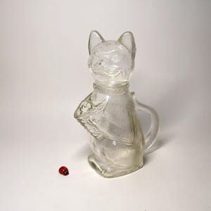 Può includere: Una brocca trasparente a forma di gatto con manico e un volto di gatto dettagliato sulla parte superiore. La brocca ha un colletto e tiene un cestino. Una piccola statuina di coccinella rossa è accanto alla brocca.