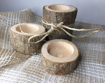 Set Of 3 Rustic Wooden Candle Holder