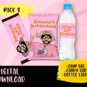 Bad Bunny Pink Birthday Party Pack - Chip Bag - Candy Bar - BottleLabel- Labels printables Bad Bunny Un verano sin ti Party DIGITAL DOWNLOAD