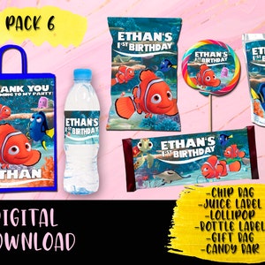 Finding Nemo Birthday Party Pack - Chip Bag - Lollipop - Favor bag- Juice - Water Bottle - Candy bar- Printables DIGITAL DOWNLOAD