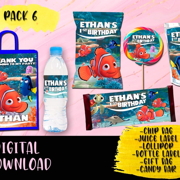 Findet Nemo Geburtstagsparty-Paket – Chip-Tasche – Lutscher – Geschenktüte – Saft – Wasserflasche – Schokoriegel – Ausdrucke DIGITALER DOWNLOAD