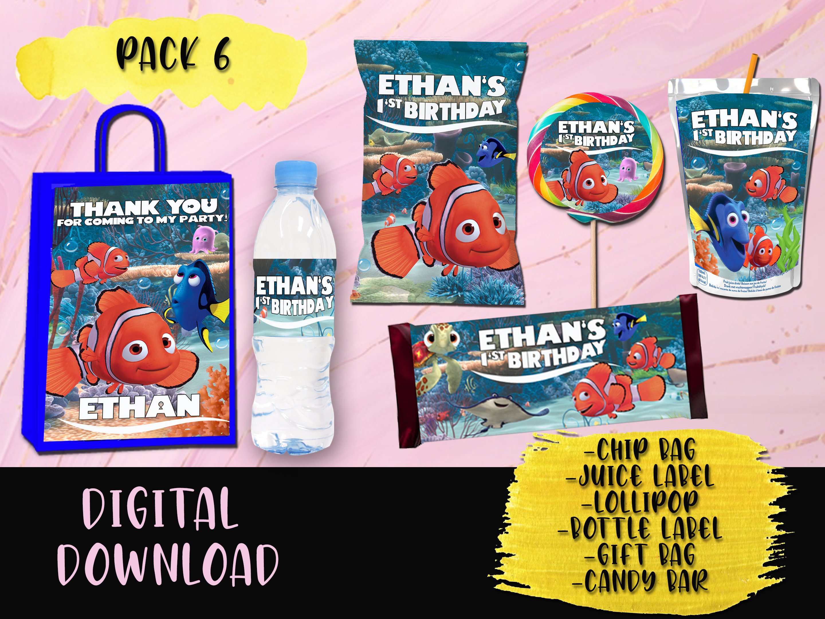 Finding Nemo Birthday Party Pack Chip Bag Lollipop Favor Bag Juice