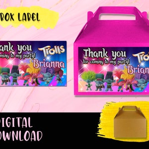 Trolls Box label Birthday Party- Boîte à pignon - Sac cadeau- Étiquettes Imprimables Trolls TÉLÉCHARGEMENT NUMÉRIQUE