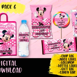 Minnie Mouse Birthday Party Pack - Chip Bag - Lollipop - Favor bag- Juice - Water Bottle - Candy bar - Labels Printables DIGITAL DOWNLOAD