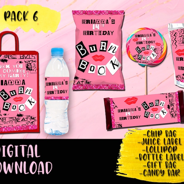 Mean Girls - Burn Book Birthday Party Pack - Chip Bag - Lollipop - Favor bag- Juice - Water Bottle - Candy bar- Printables DIGITAL DOWNLOAD