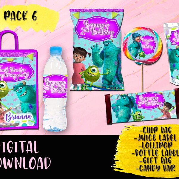 Monsters, Inc Birthday Party Pack - Chip Bag - Lollipop - Favor bag - Сок - Бутылка с водой - Конфеты- Печатные материалы DIGITAL СКАЧАТЬ