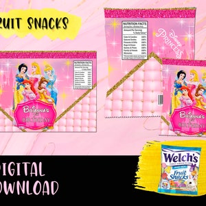 Princesses Disney Fruit snacks Birthday Party- Fruit Snacks- Labels Printables Princess Birthday DIGITAL DOWNLOAD