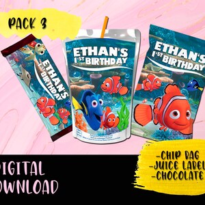 Alla ricerca di Nemo Birthday Party Pack - Chip Bag - Candy Bar - Succo - Candy bar - Etichette stampabili Alla ricerca di Dory - DOWNLOAD DIGITALE
