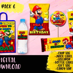 Mario Bros Geburtstagsparty-Paket – Chip-Tüte – Lutscher – Geschenktüte – Saft – Wasserflasche – Schokoriegel – Etiketten zum Ausdrucken DIGITALER DOWNLOAD