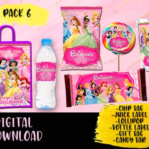 Confezione festa di compleanno Disney Princess - Borsa per patatine - Lecca-lecca - Borsa per bomboniere - Succo - Bottiglia d'acqua - Barra di caramelle - Etichette stampabili DOWNLOAD DIGITALE