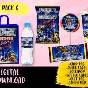 Transformers Birthday Party Pack - Chip Bag - Candy Bar - Etichetta succo - Etichette stampabili Transformers party DIGITAL DOWNLOAD