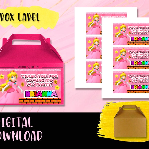 Princess Peach Box label Birthday Party- Gable box - Gift Bag- Labels Printables Princess Peach DIGITAL DOWNLOAD