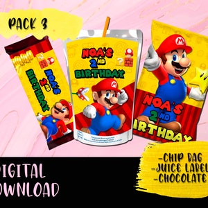 Mario Bros Geburtstagsparty-Paket – Chip-Tasche – Schokoriegel – Saft – Schokoriegel – Etiketten zum Ausdrucken Mario Bros – DIGITALER DOWNLOAD