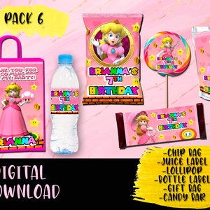 Princess Peach Birthday Party Pack - Chip Bag -Lollipop-Favor bag-Juice -Water Bottle -Candy bar - Labels Printables DIGITAL DOWNLOAD