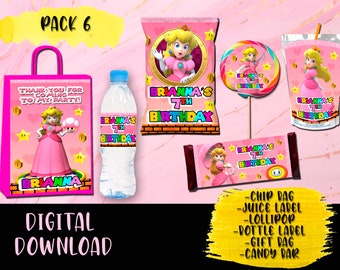 Princess Peach Birthday Party Pack - Chip Bag -Lollipop-Favor bag-Juice -Water Bottle -Candy bar - Labels Printables DIGITAL DOWNLOAD