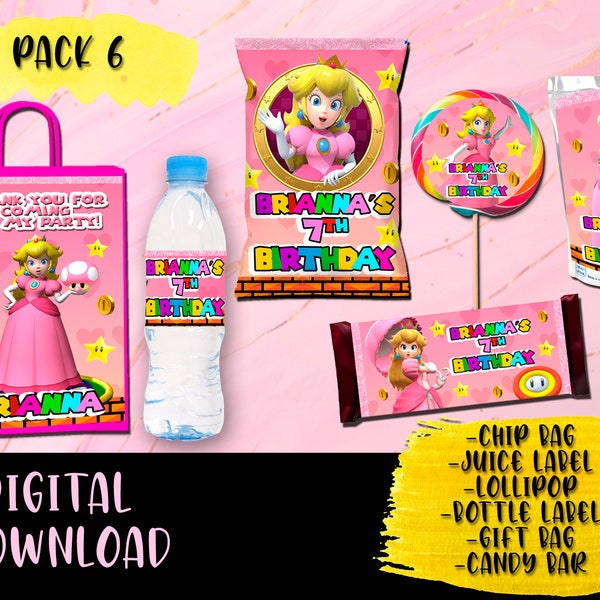 Princess Peach Birthday Party Pack - Chip Bag -Lollipop-Favor bag-Juice -Waterfles -Candy bar - Labels Printables DIGITALE DOWNLOAD