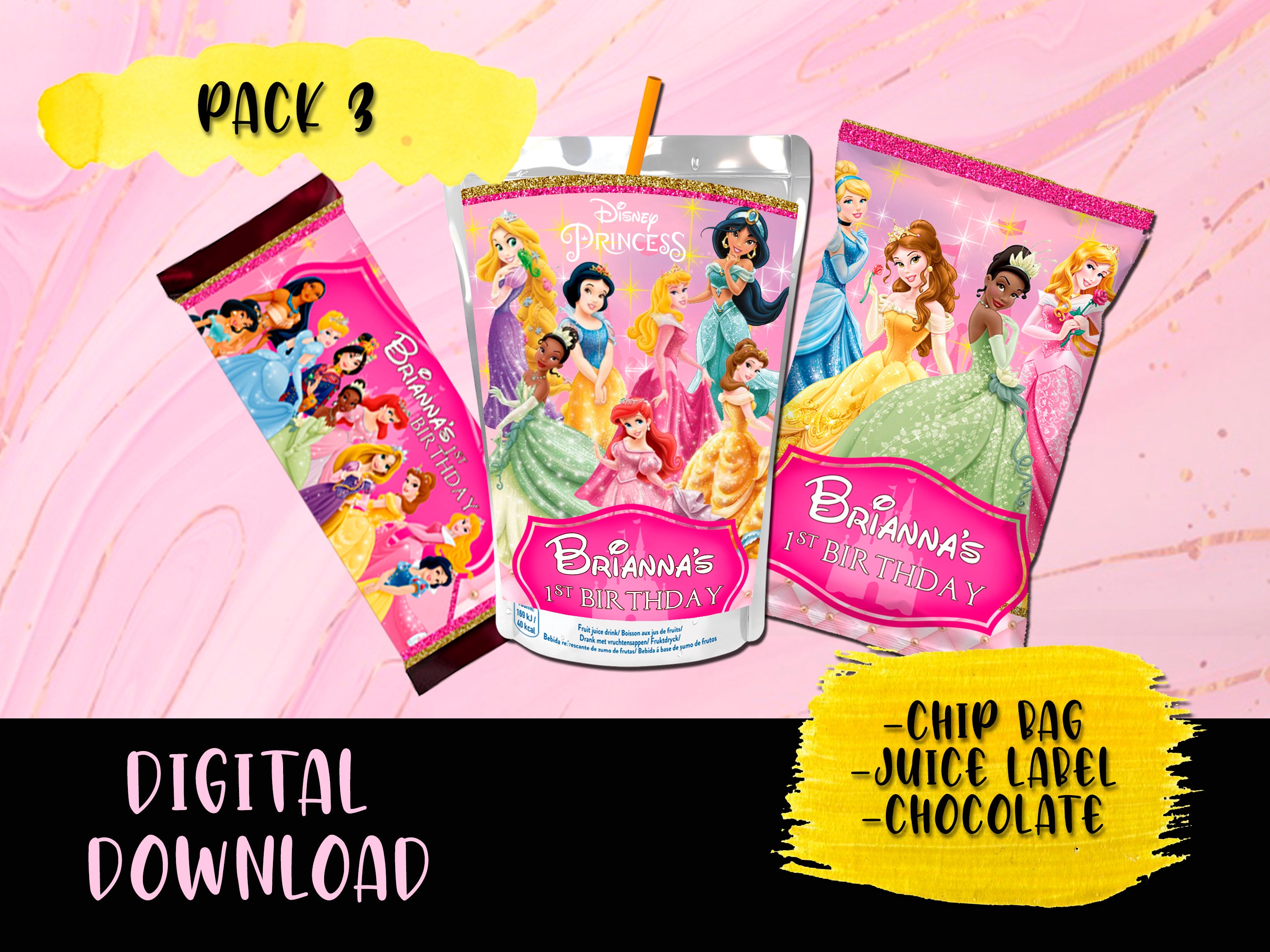 Prinzessin Disney Geburtstagsparty-Paket – Chip-Tasche – Schokoriegel – Saftetikett – druckbare Etiketten Prinzessinnen DIGITALER DOWNLOAD