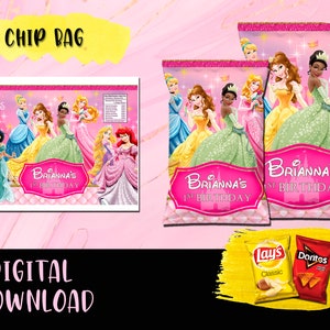 Princesses Disney Chip bag Birthday Party- Potato labels - Labels Printables Princess Birthday DIGITAL DOWNLOAD