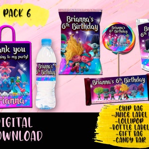Trolls Birthday Party Pack - Chip Bag - Lollipop - Favor bag- Juice -Water Bottle - Candy bar - Étiquettes imprimables trolls 3 TÉLÉCHARGEMENT NUMÉRIQUE