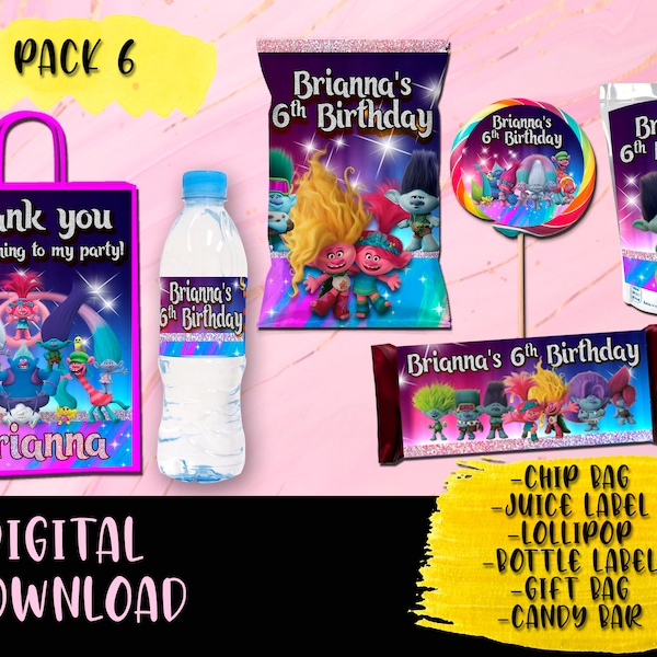 Trolls Birthday Party Pack - Chip Bag - Lollipop - Favor bag- Juice -Water Bottle - Candy bar - Labels printables trolls 3 DIGITAL DOWNLOAD
