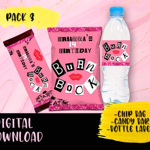 Mean Girls - Burn Book Birthday Party Pack - Chip Bag - Candy Bar - Bottle Label- Labels printables Burn Book Party DIGITAL DOWNLOAD